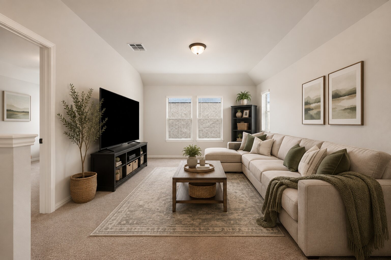 265 Fawn Riv Run Kyle, TX 78640 - Photo 19 of 39 An inviting secondary living space showcases soft carpeting and high vaulted ceilings.