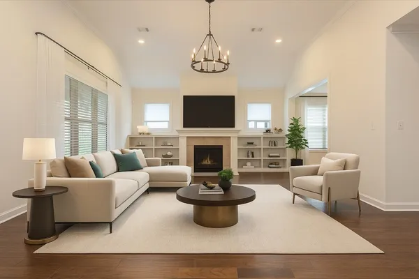 a living room with furniture a fireplace and a flat screen tv
