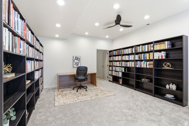 1712 Somerset Ridge Drive Draper, UT 84020 - Photo 61 of 76 Dedicated office space featuring extensive built-in shelving, recessed lighting, and a ceiling fan
