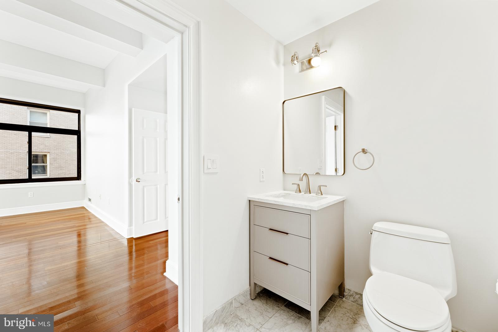 1500-00 Chestnut Street, Unit 19F Philadelphia, PA 19102 - Photo 30 of 33 a bathroom with a toilet a sink a mirror and vanity
