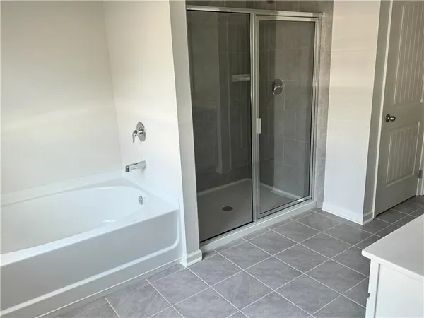 a bathroom with a bathtub and a shower