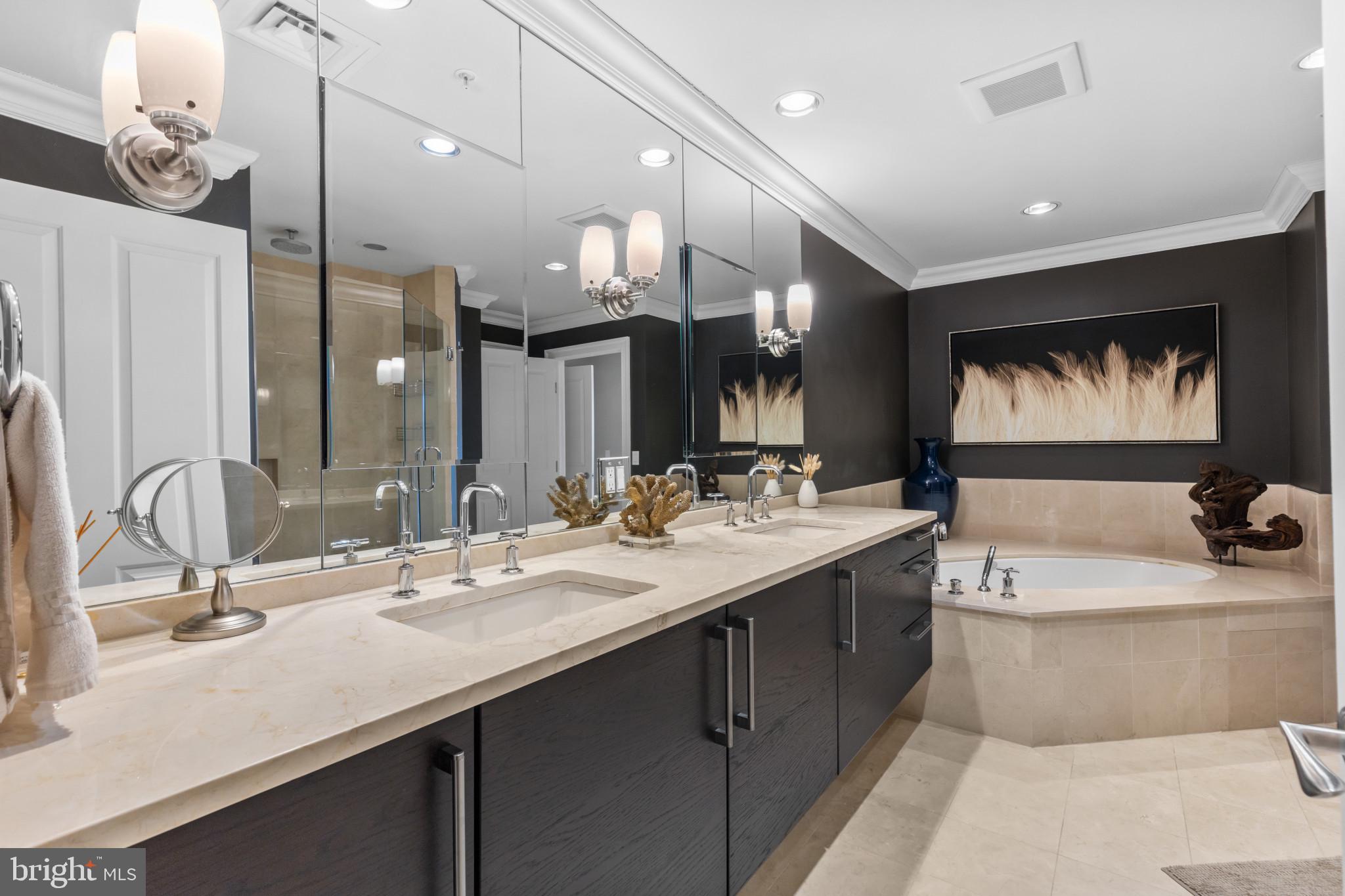 801 Key Highway, Unit T70 Baltimore, MD 21230 - Photo 35 of 43 a bathroom with a double vanity sink a large mirror and a bathtub