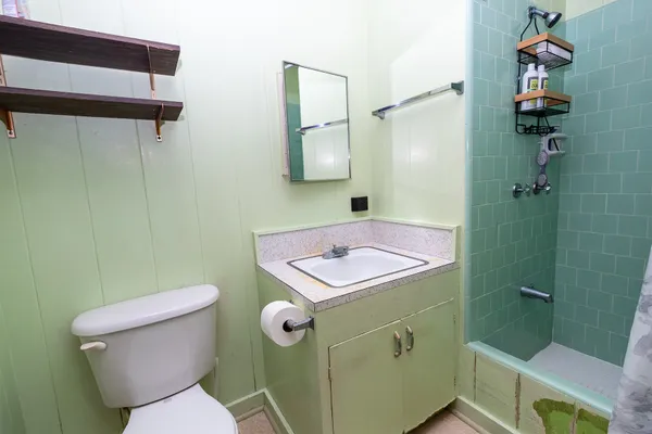 a bathroom with a sink toilet and shower