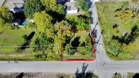 an aerial view of a yard with a fountain