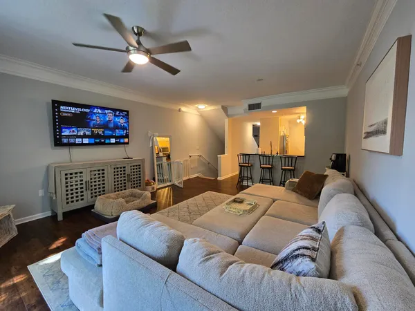 a living room with furniture ceiling fan and a rug