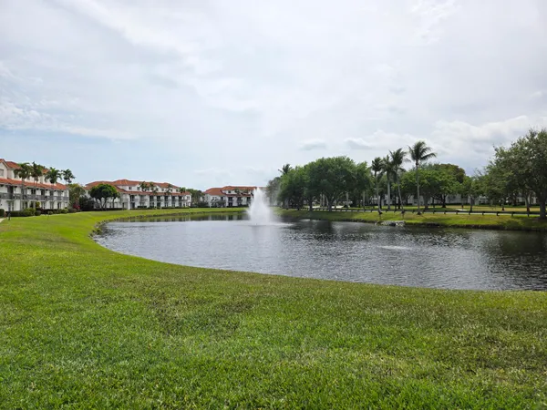 a view of a lake with houses in the back