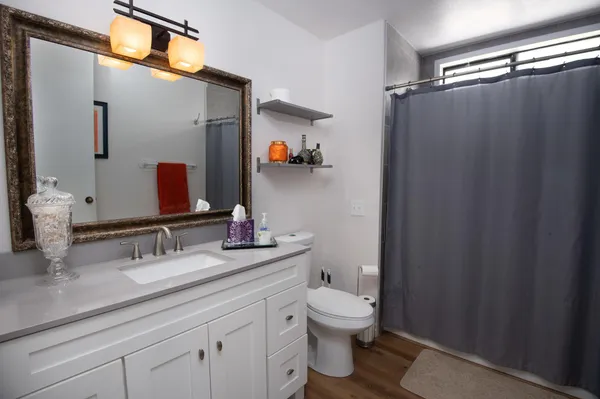 a bathroom with a sink a toilet and a mirror