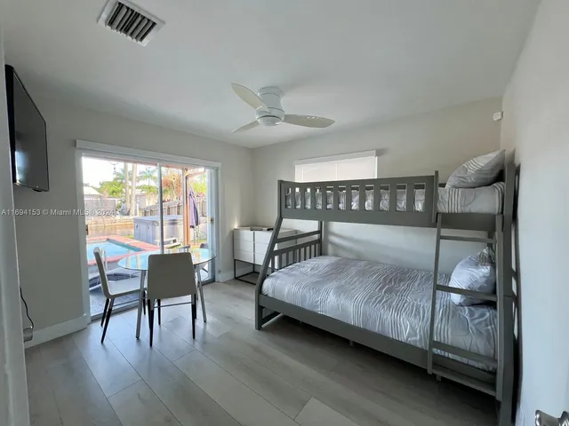 a bedroom with a bed and a table in it