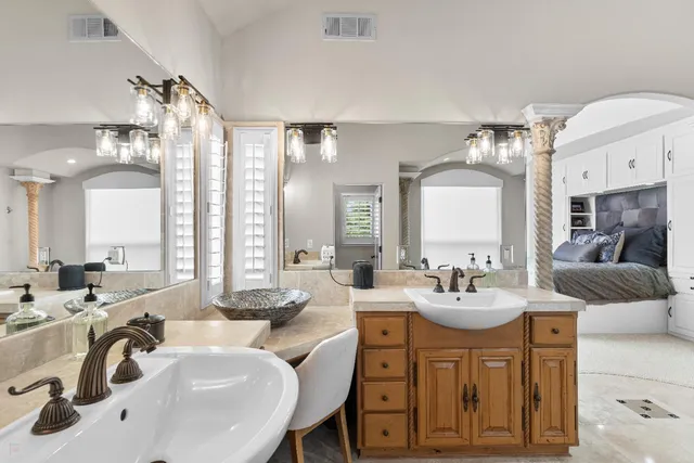 a front view of a house with patio