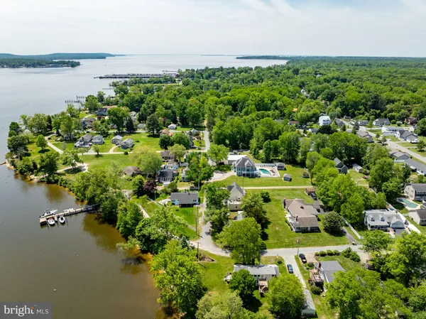 an aerial view of a house with swimming pool and large trees