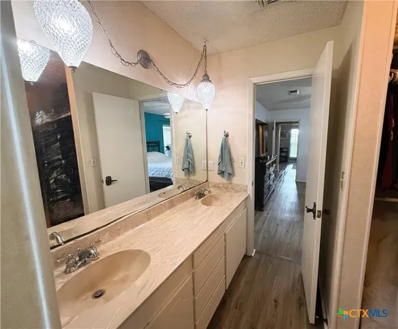 a bathroom with a sink a mirror and vanity