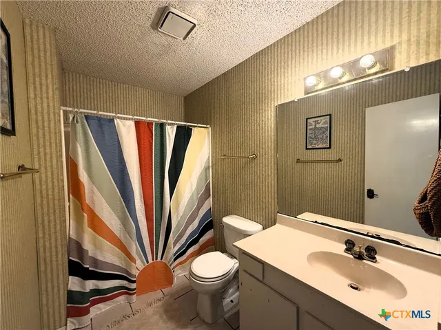 a bathroom with a sink a toilet a mirror and shower