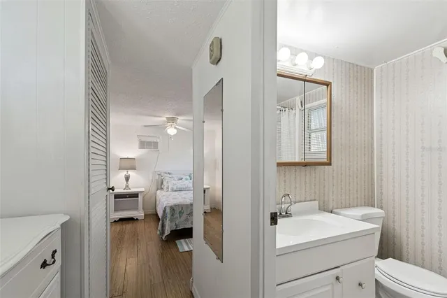 a bathroom with a sink a toilet and a mirror