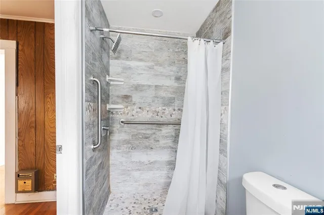 a bathroom with a shower and a toilet