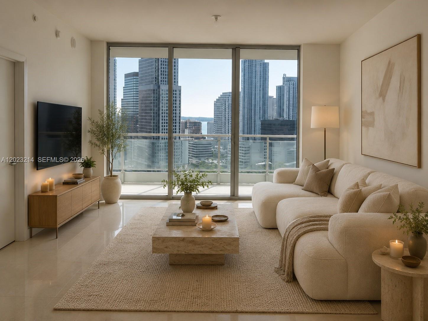 90 Southwest 3rd Street, Unit 2614 Miami, FL 33130 - Photo 3 of 13 a living room with furniture and a flat screen tv
