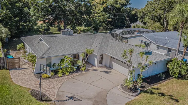 an aerial view of a house with a yard potted plants and large tree