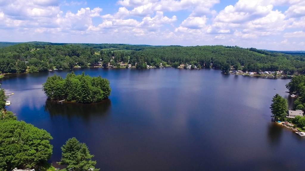 a view of a lake with a city