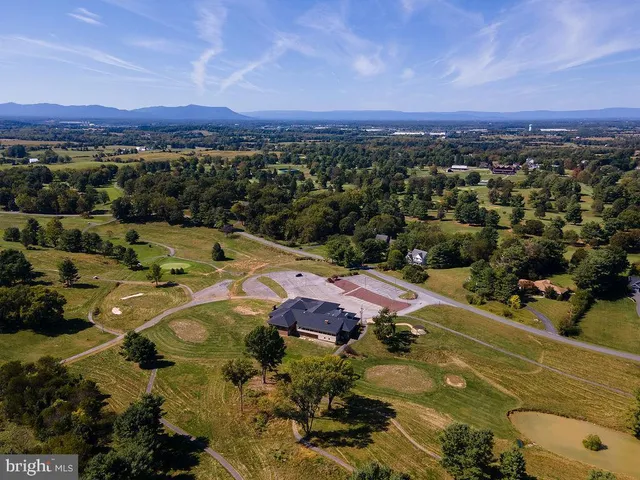 an aerial view of residential houses with outdoor space and trees