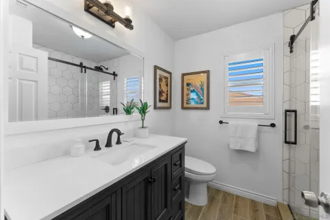 a bathroom with a sink a toilet and mirror