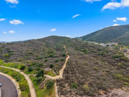 a view of a dry yard with mountains in the background