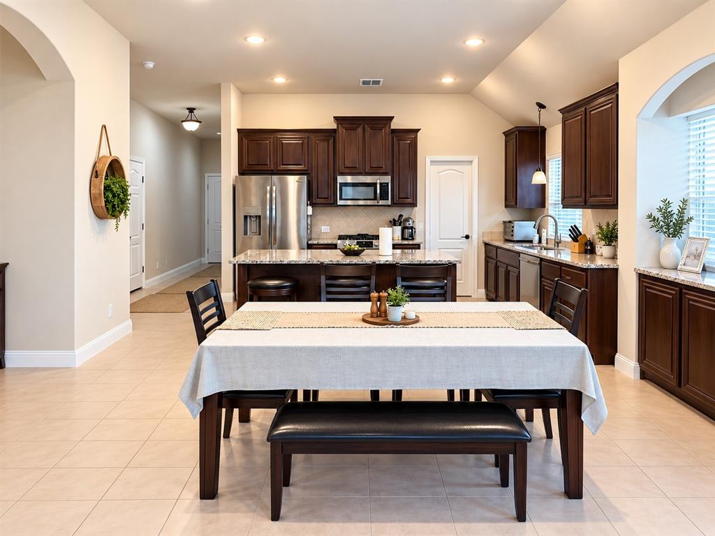 3301 Heathrow Road Mesquite, TX 75181 - Photo 6 of 26 Kitchen featuring dark wood cabinetry, stainless steel appliances, granite countertops, and recessed lighting