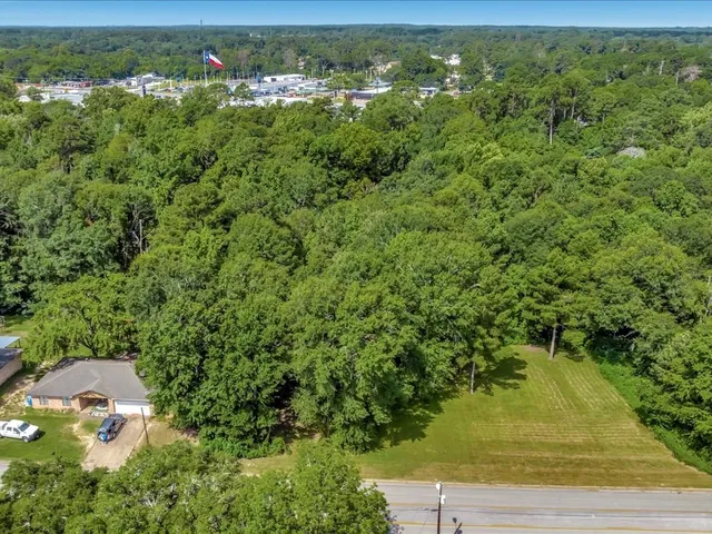 a view of a city with lush green forest