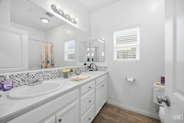 a bathroom with a sink a toilet and a mirror