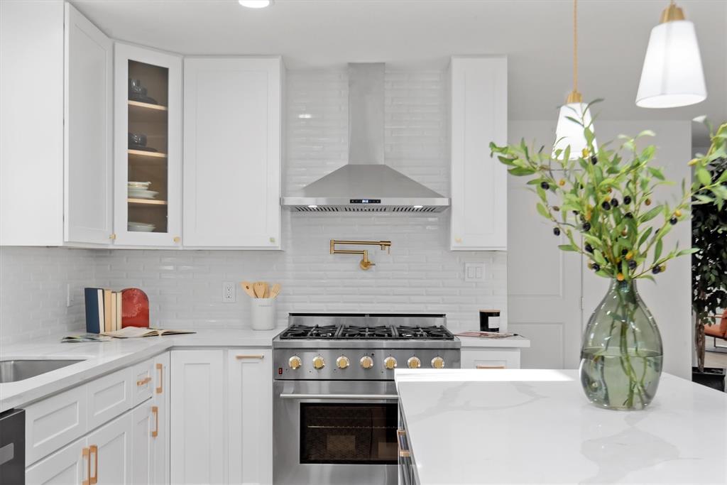 a kitchen with stainless steel appliances a stove a white cabinets a sink and a potted plant