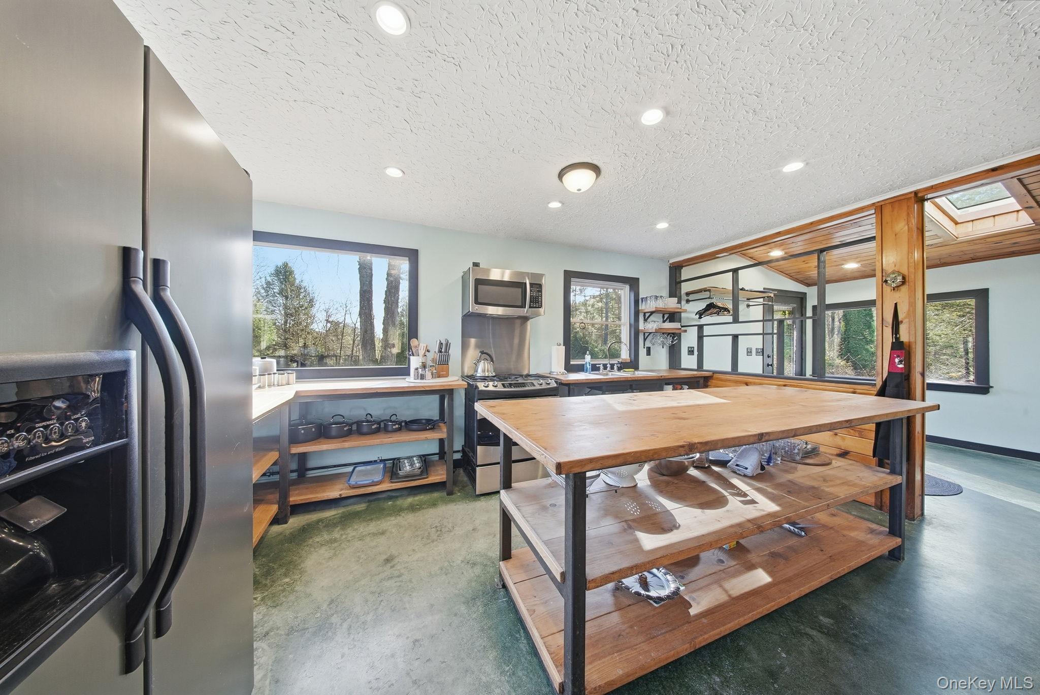 136 Barryville - Yulan Road Barryville, NY 12719 - Photo 11 of 37 Kitchen with appliances with stainless steel finishes, a skylight, finished concrete flooring, a textured ceiling, and recessed lighting