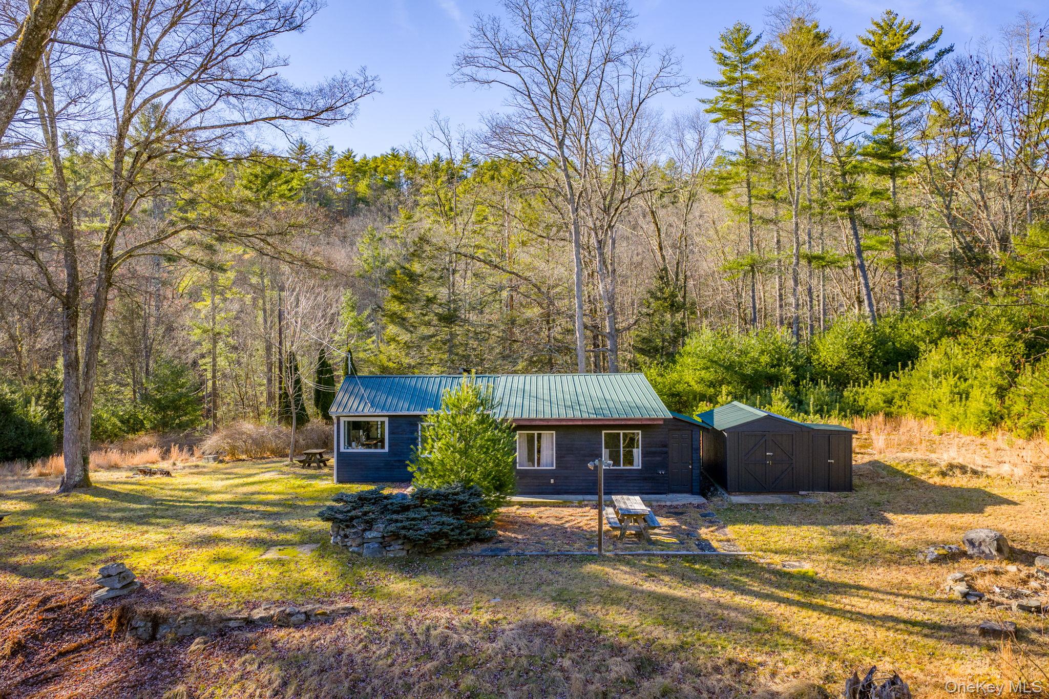 136 Barryville - Yulan Road Barryville, NY 12719 - Photo 29 of 37 View of front of home with a front yard, a storage unit, a metal roof, a wooded view, and a patio