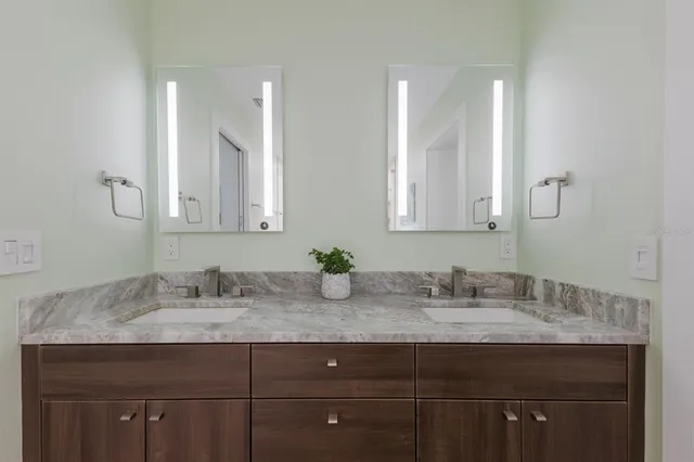 a view of a park with large trees