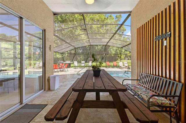 a view of a porch with a rug