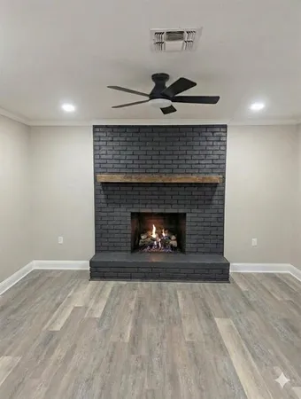 a living room with a fireplace