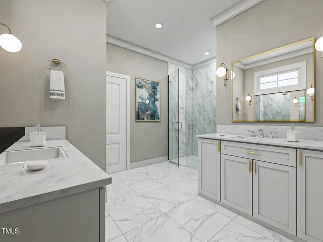 a spacious bathroom with a granite countertop sink a mirror and a