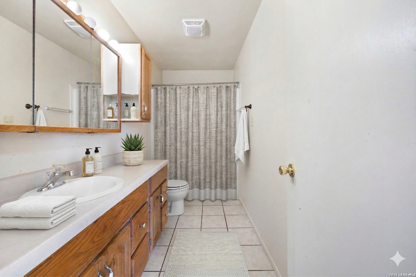 1118 West Goodwin Street Pleasanton, TX 78064 - Photo 9 of 23 a bathroom with a double vanity sink a mirror and a shower