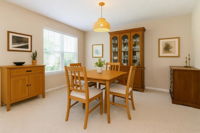 a dining room with furniture and window chairs