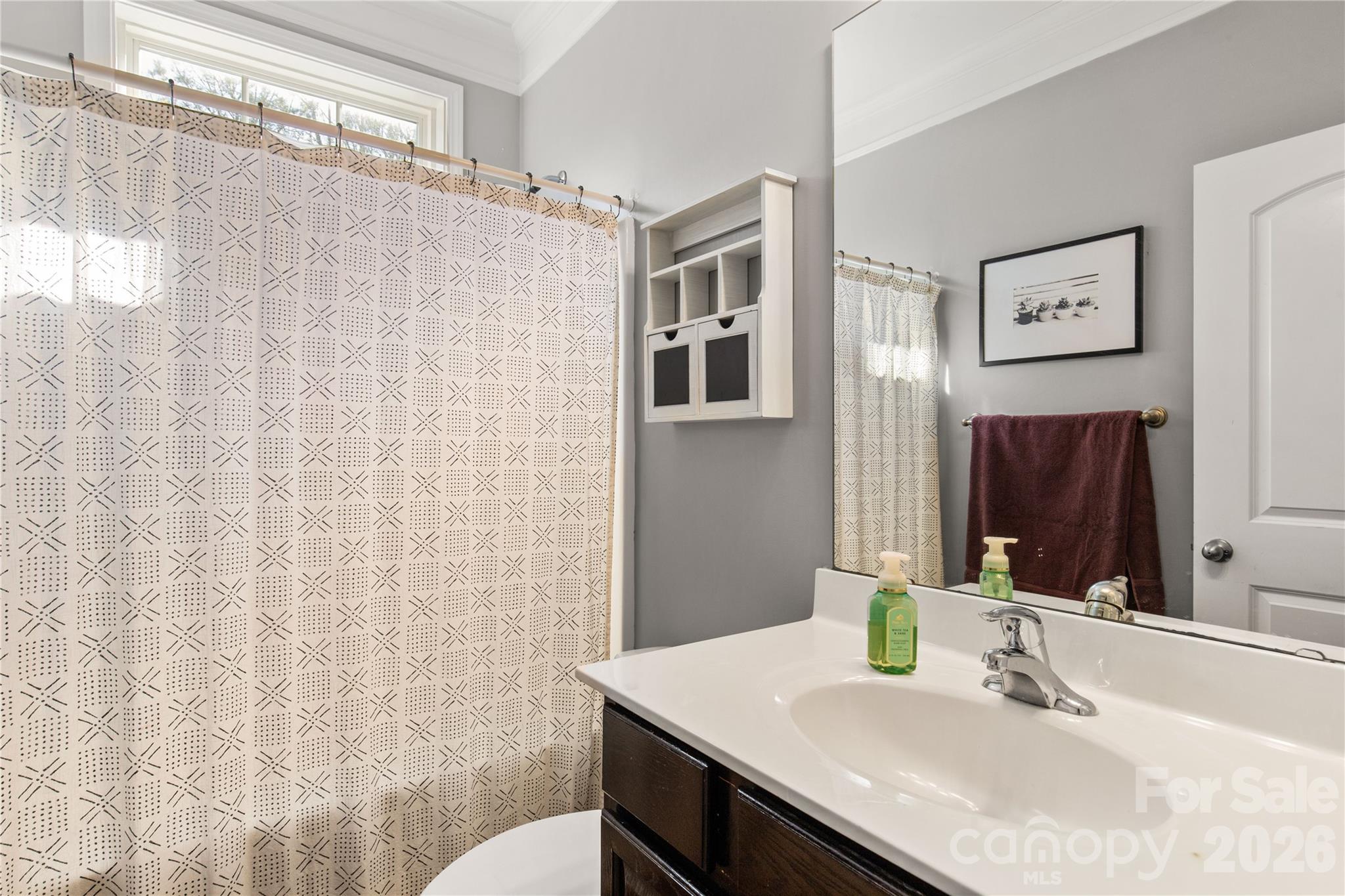 2341 Valley Meadows Drive York, SC 29745 - Photo 23 of 46 a bathroom with a granite countertop sink a mirror and a shower curtain