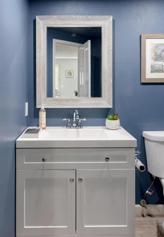 a bathroom with a sink vanity and a toilet