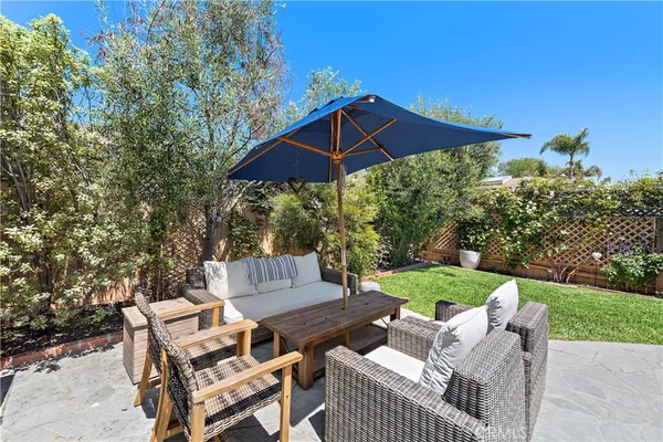 a view of backyard with outdoor seating and green space