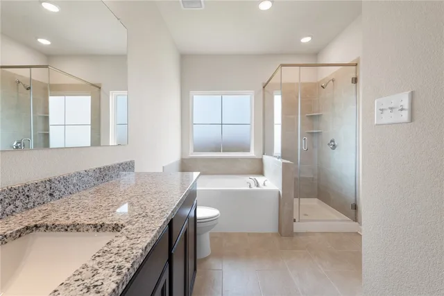 a bathroom with a granite countertop sink a toilet and shower