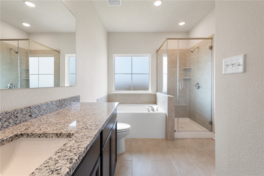 2427 Rooke Road Bryan, TX 77807 - Photo 34 of 38 a bathroom with a granite countertop sink a toilet and shower
