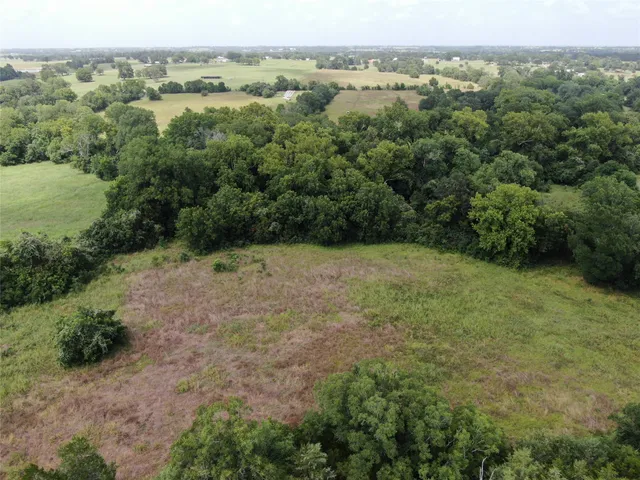 an aerial view of residential houses with outdoor space and trees
