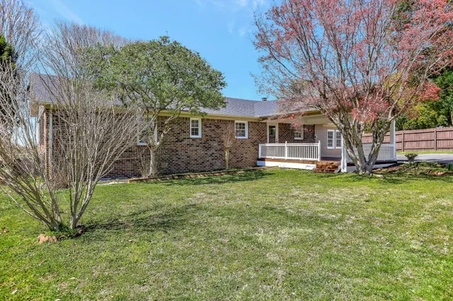 a view of a tree in front of a house with a big yard
