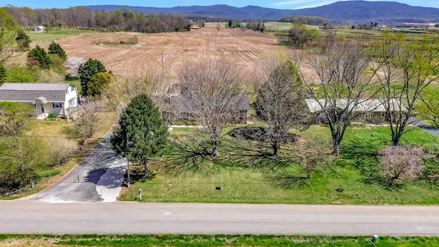 an aerial view of residential houses with outdoor space and trees
