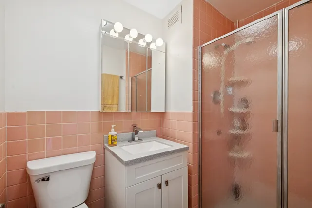 a bathroom with a shower a sink a toilet and mirror