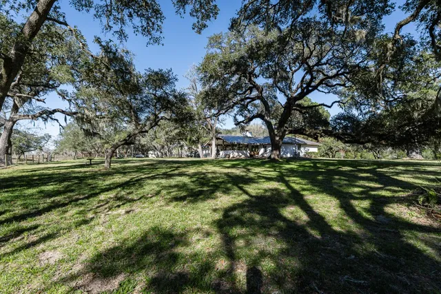 a backyard of a house with lots of green space and fountain