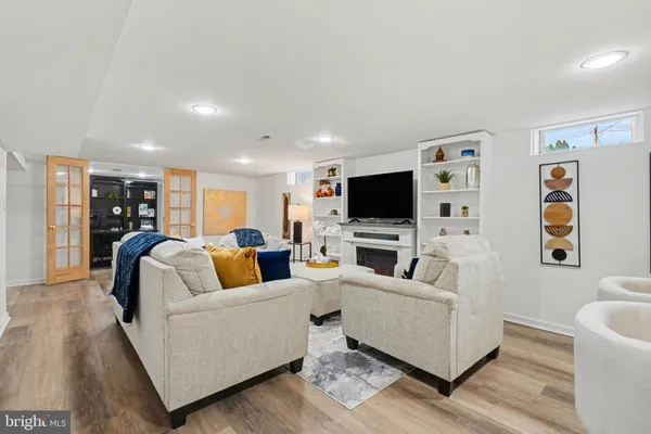 a view of dining room and wooden floor