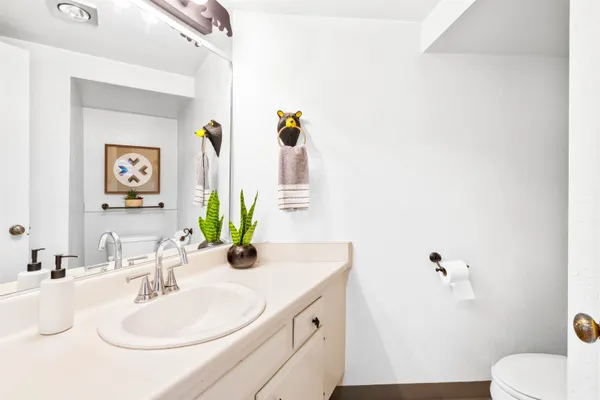 a bathroom with a sink vanity and mirror
