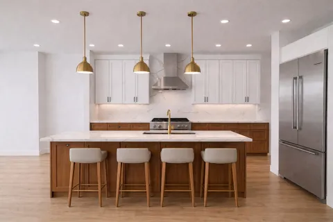 a kitchen with stainless steel appliances granite countertop a dining table chairs sink and wooden floor