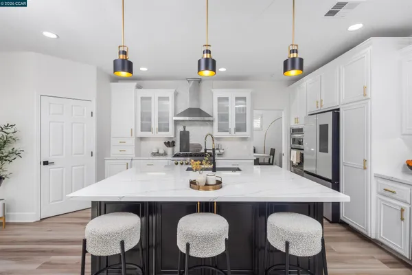 a view of a dining room with furniture